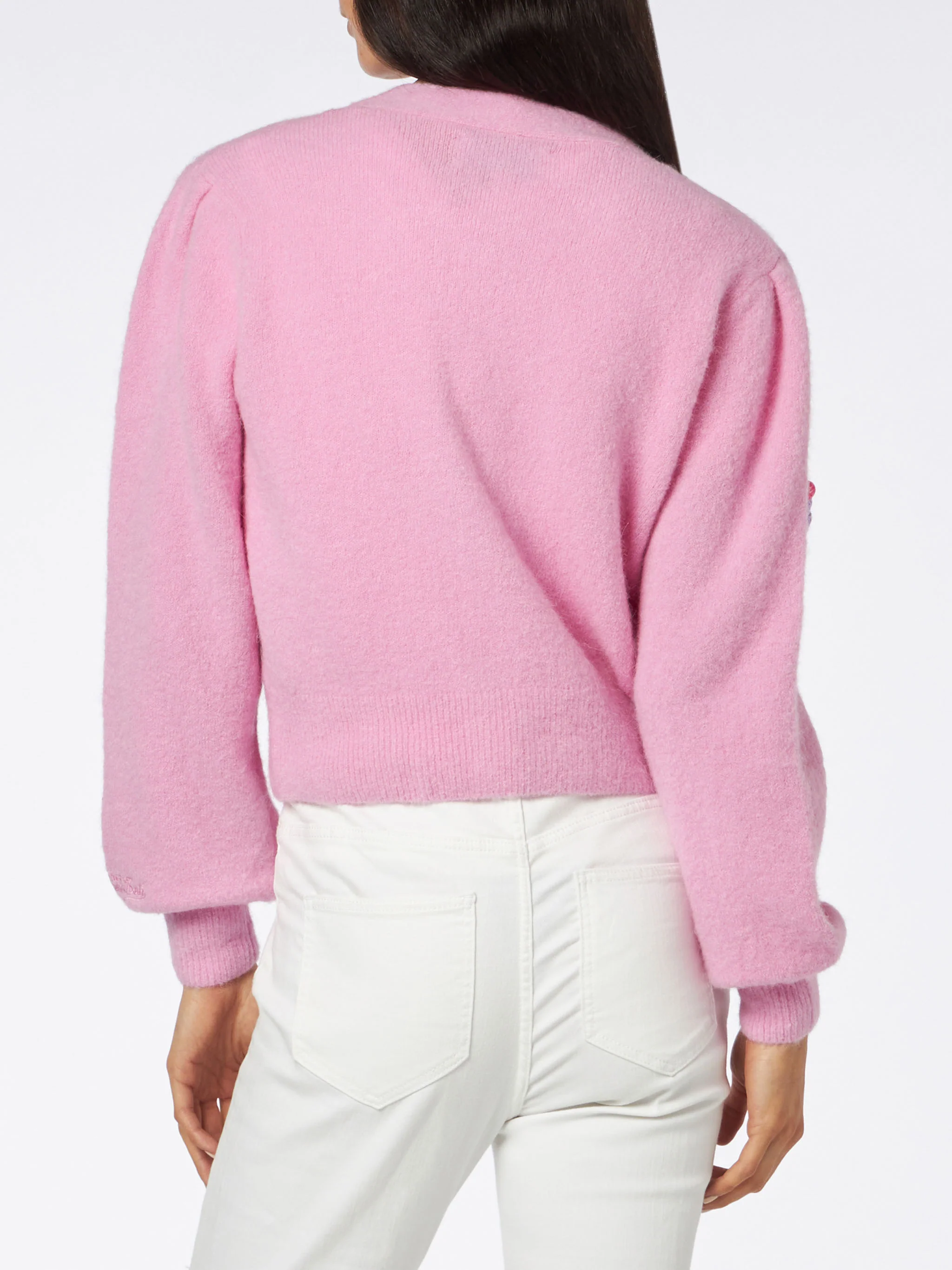 Woman brushed cropped cardigan with puff sleeves - Image 2