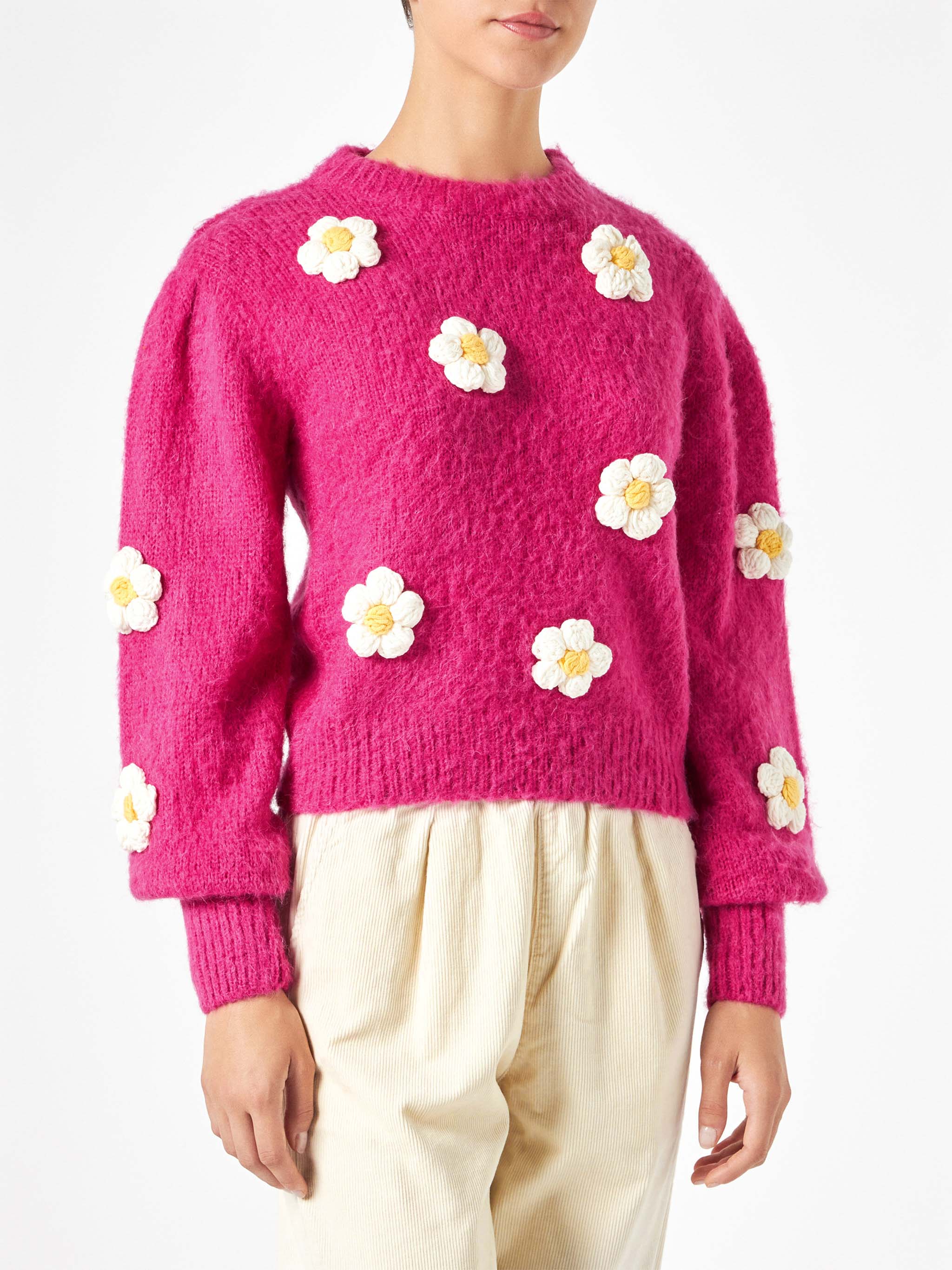 Woman brushed sweater with crochet flowers appliqués - Image 2