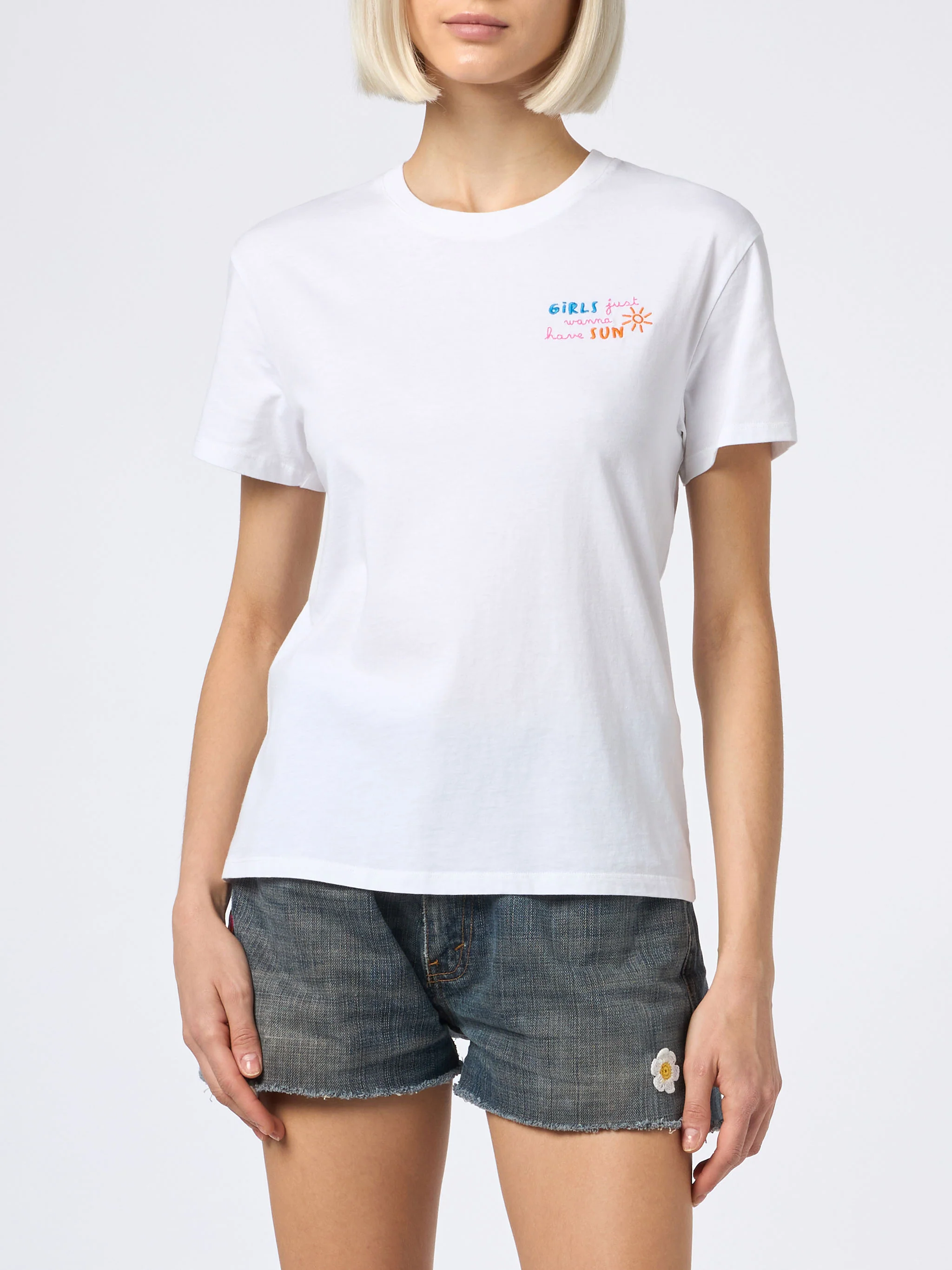 Woman cotton jersey crewneck t-shirt Emilie with Girls just wanna have Sun embroidery - Image 2