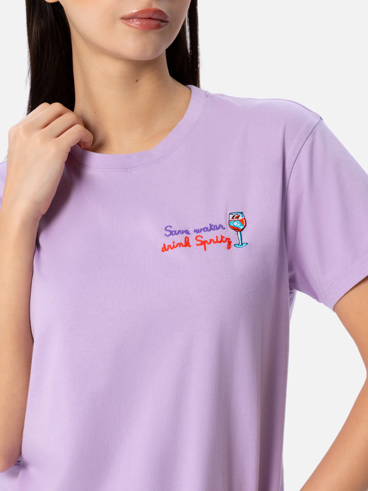 Woman cotton jersey crewneck t-shirt Emilie with Save water drink Spritz embroidery - Image 3