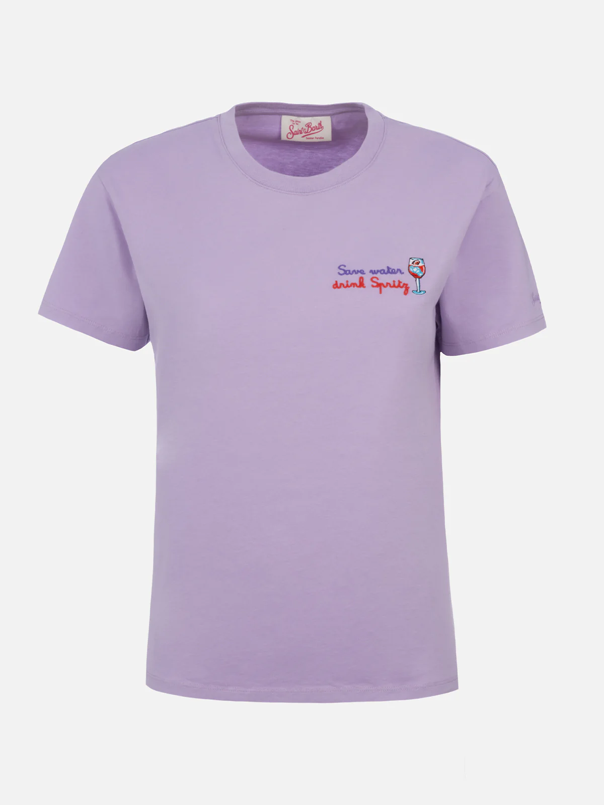Woman cotton jersey crewneck t-shirt Emilie with Save water drink Spritz embroidery - Image 5