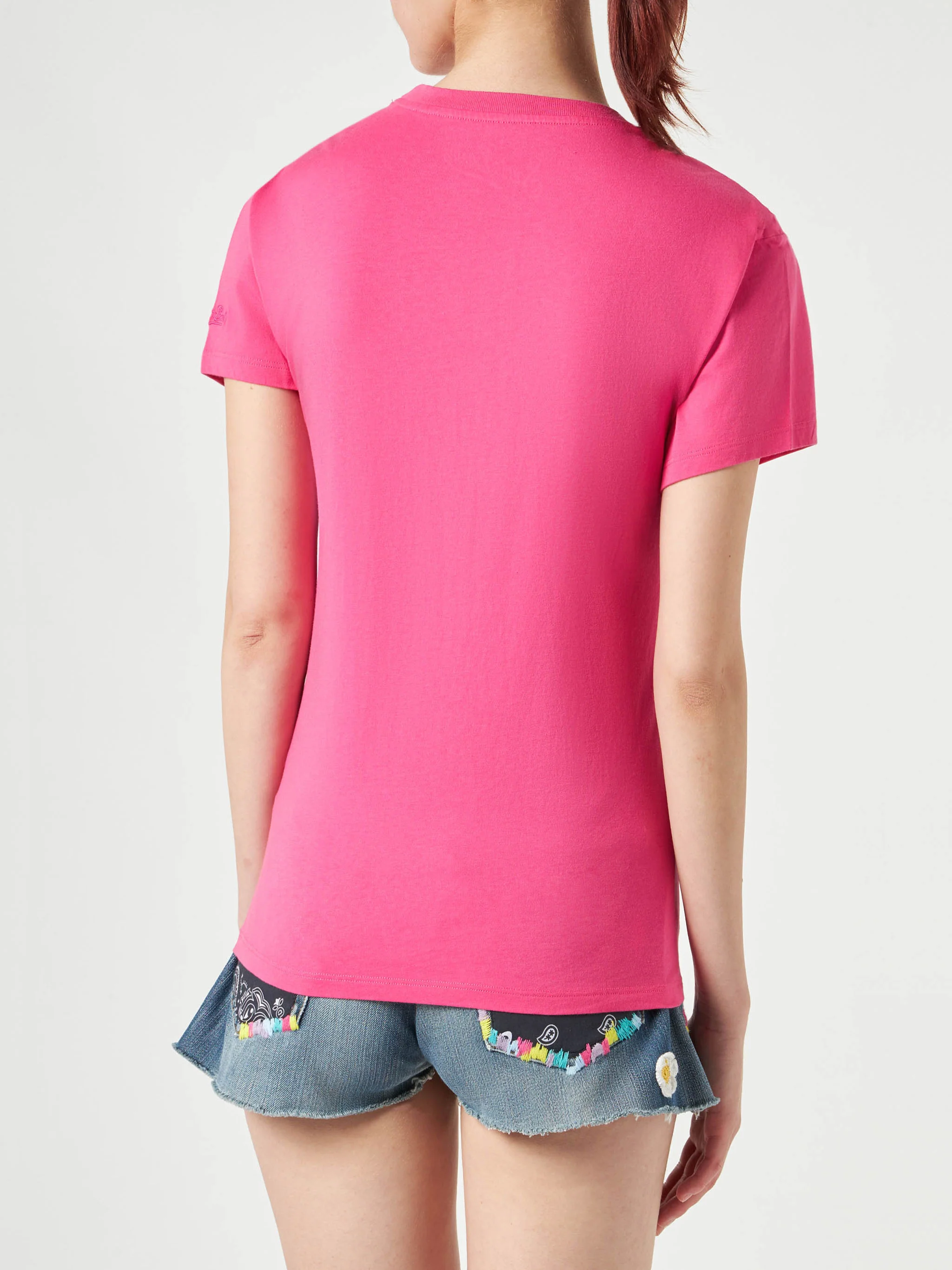 Woman fucsia cotton t-shirt with embroidery - Image 4