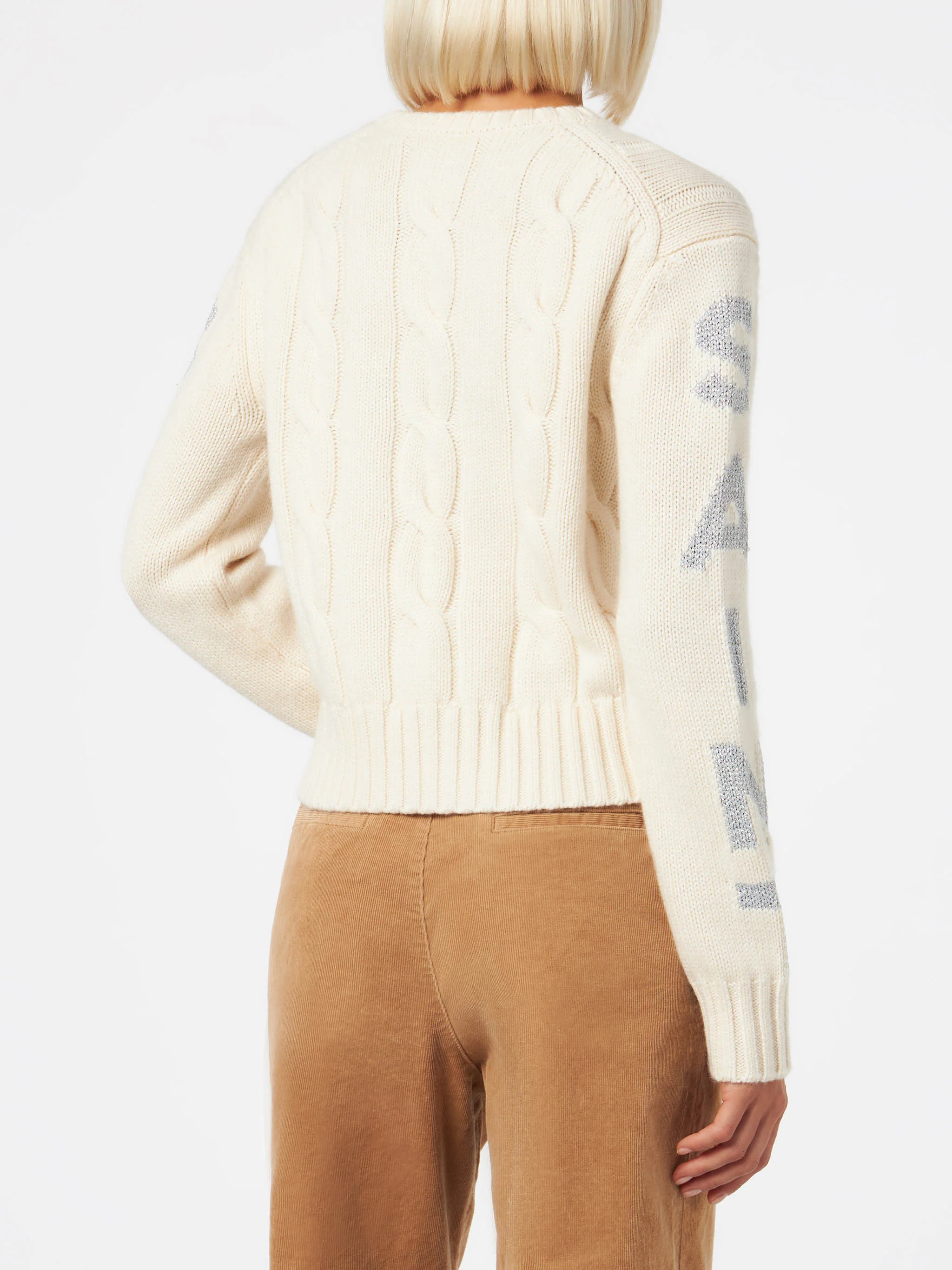 Woman crewneck braided sweater with Saint Barth lurex print - Image 2