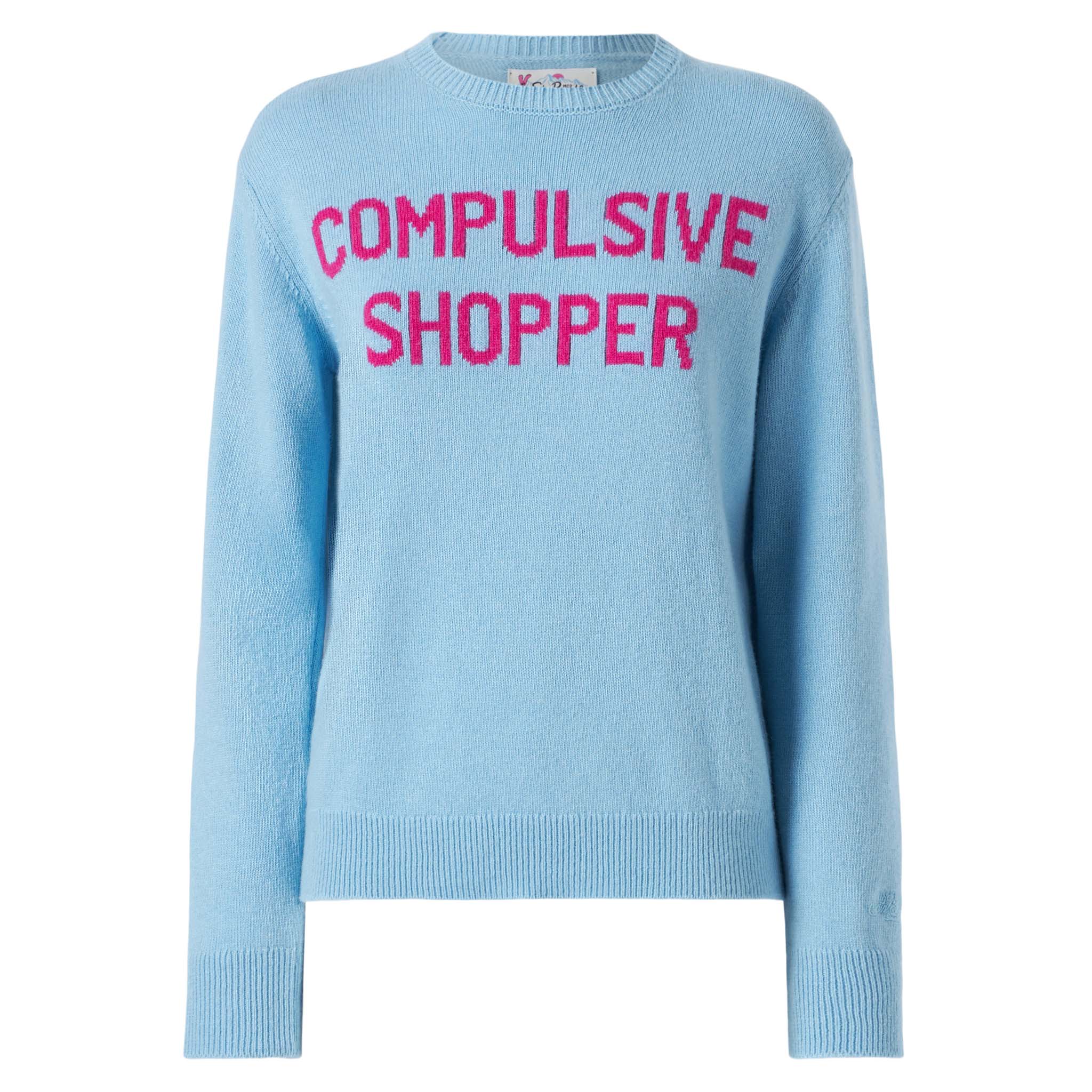 Woman crewneck light blue sweater with Compulsive Shopper jacquard - Image 4
