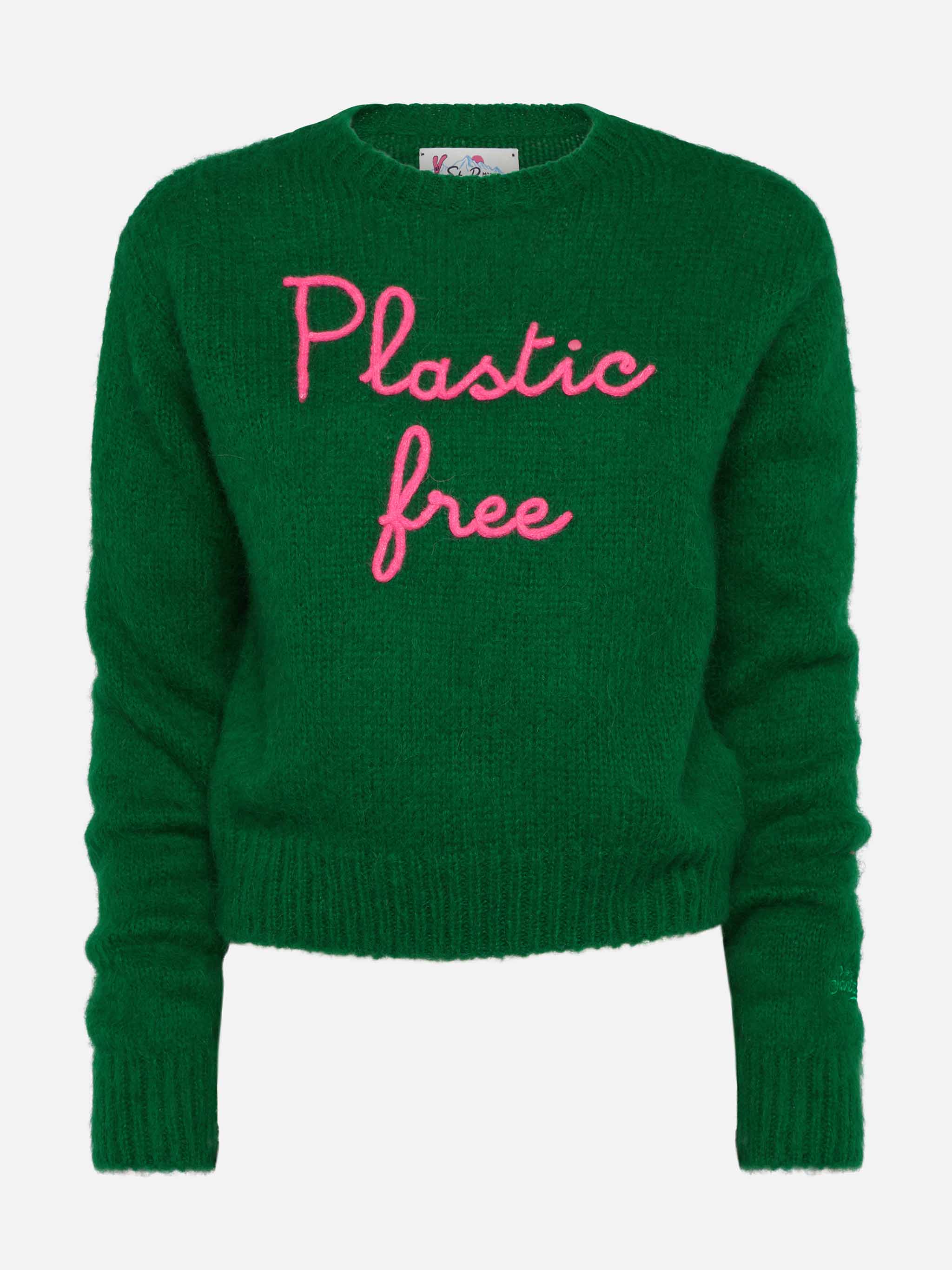 Woman crewneck soft crop sweater with Plastic free embroidery - Image 4