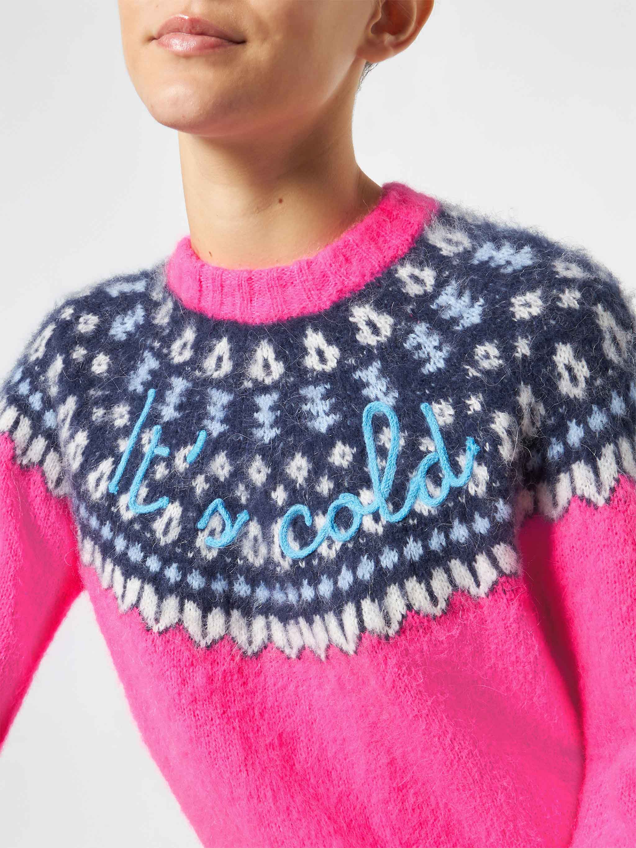 Woman fluo pink crewneck nordic jacquard sweater - Image 2