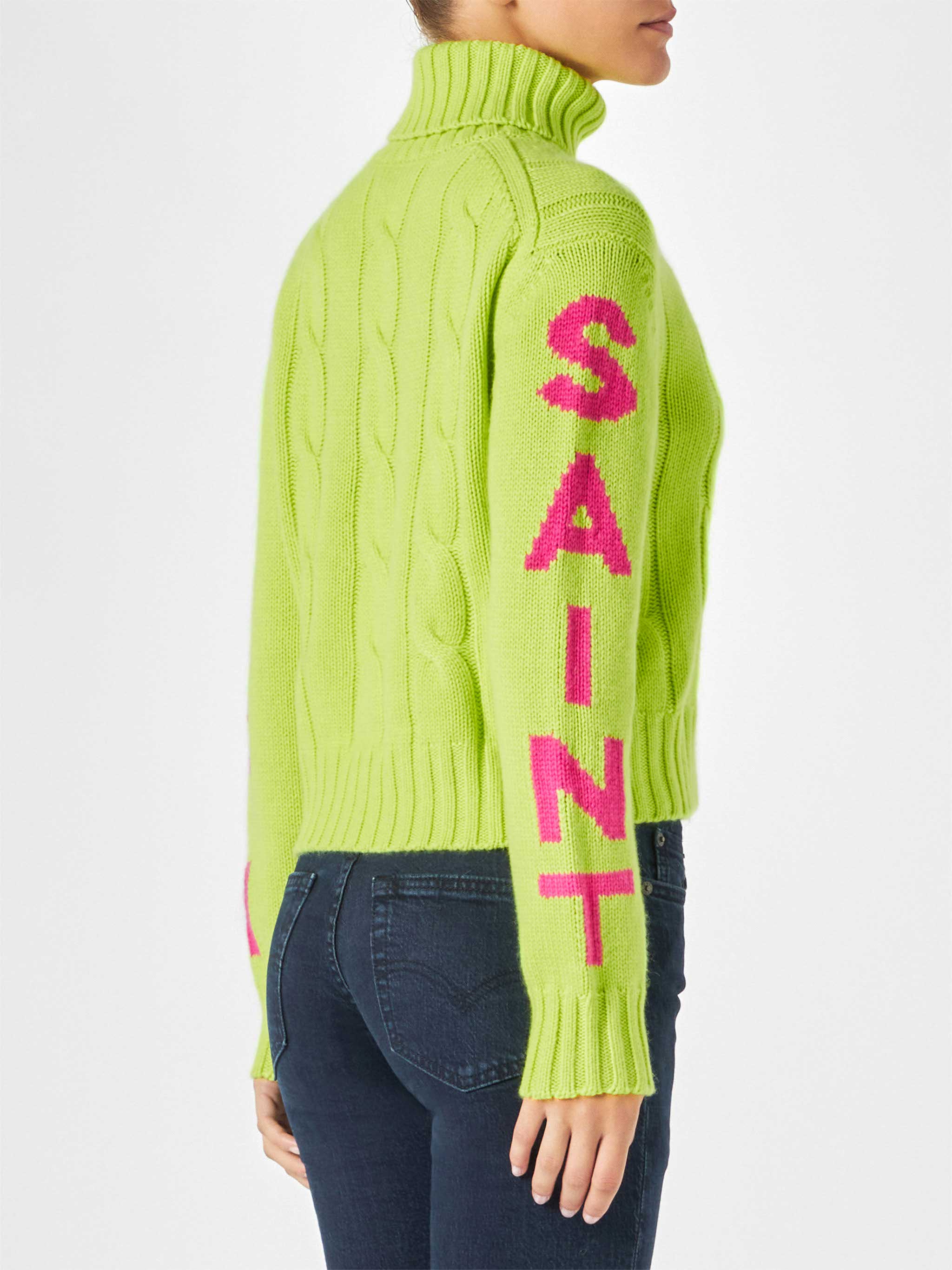 Woman fluo yellow turtleneck braided sweater - Image 2