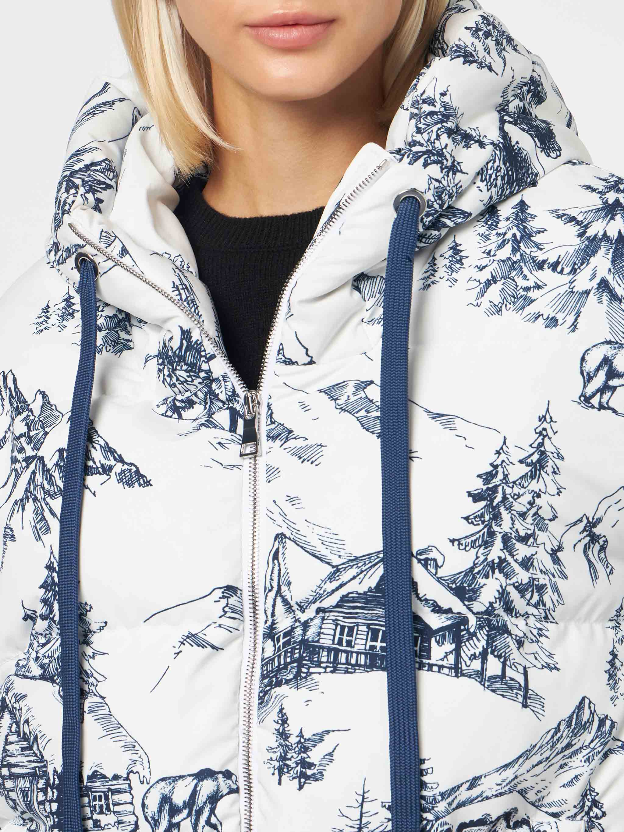 Woman hooded down padded jacket with toile de jouy print - Image 3