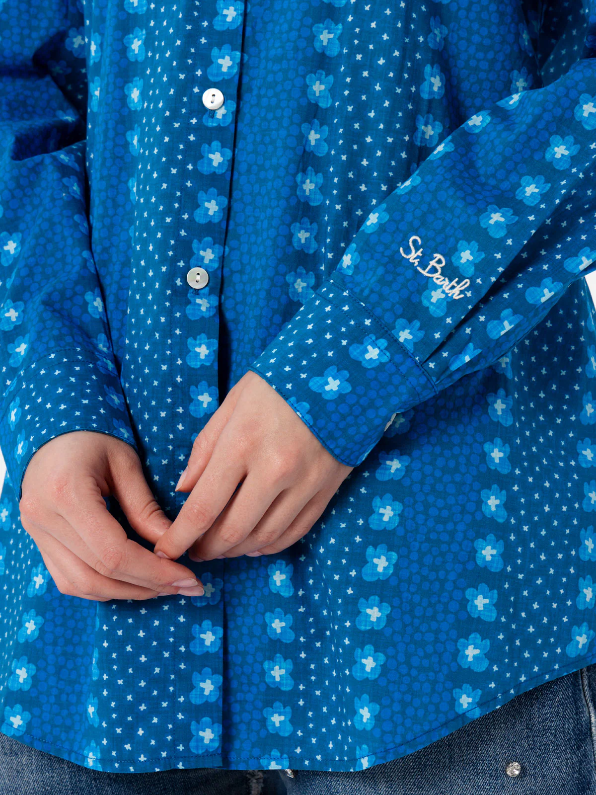Woman cotton shirt Brigitte with indigo flower print - Image 4