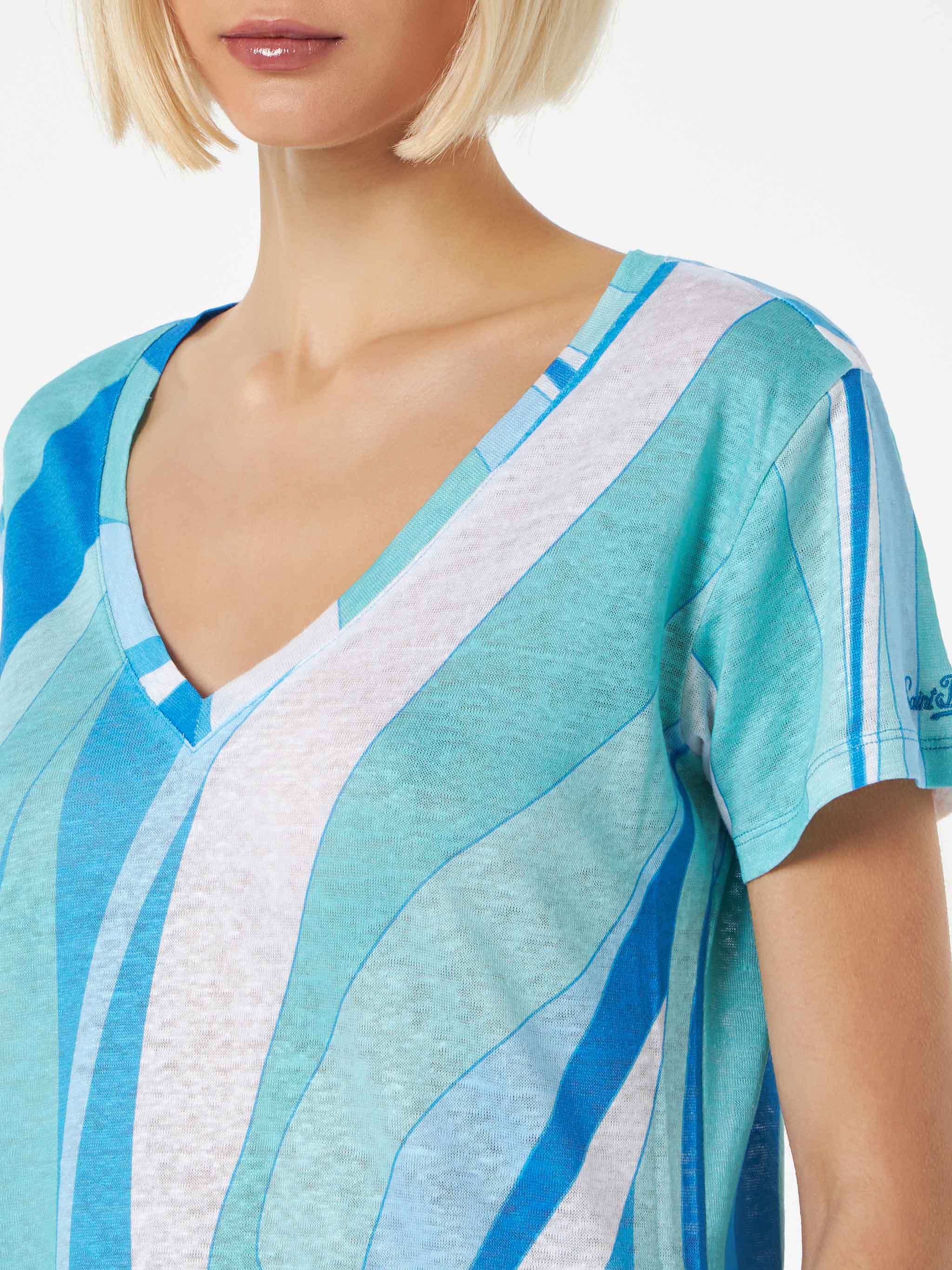 Woman linen t-shirt with wave print - Image 2