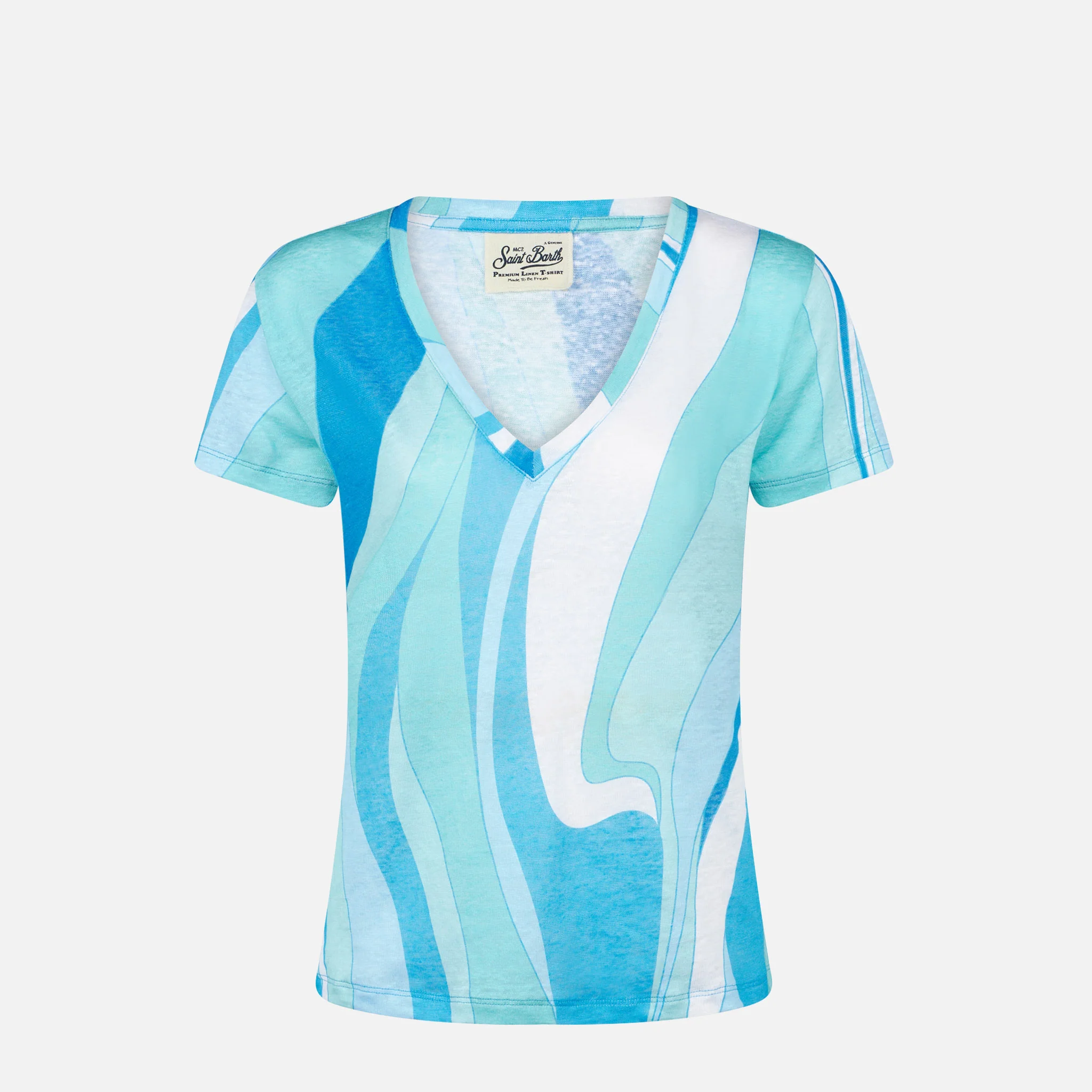 Woman linen t-shirt with wave print - Image 4