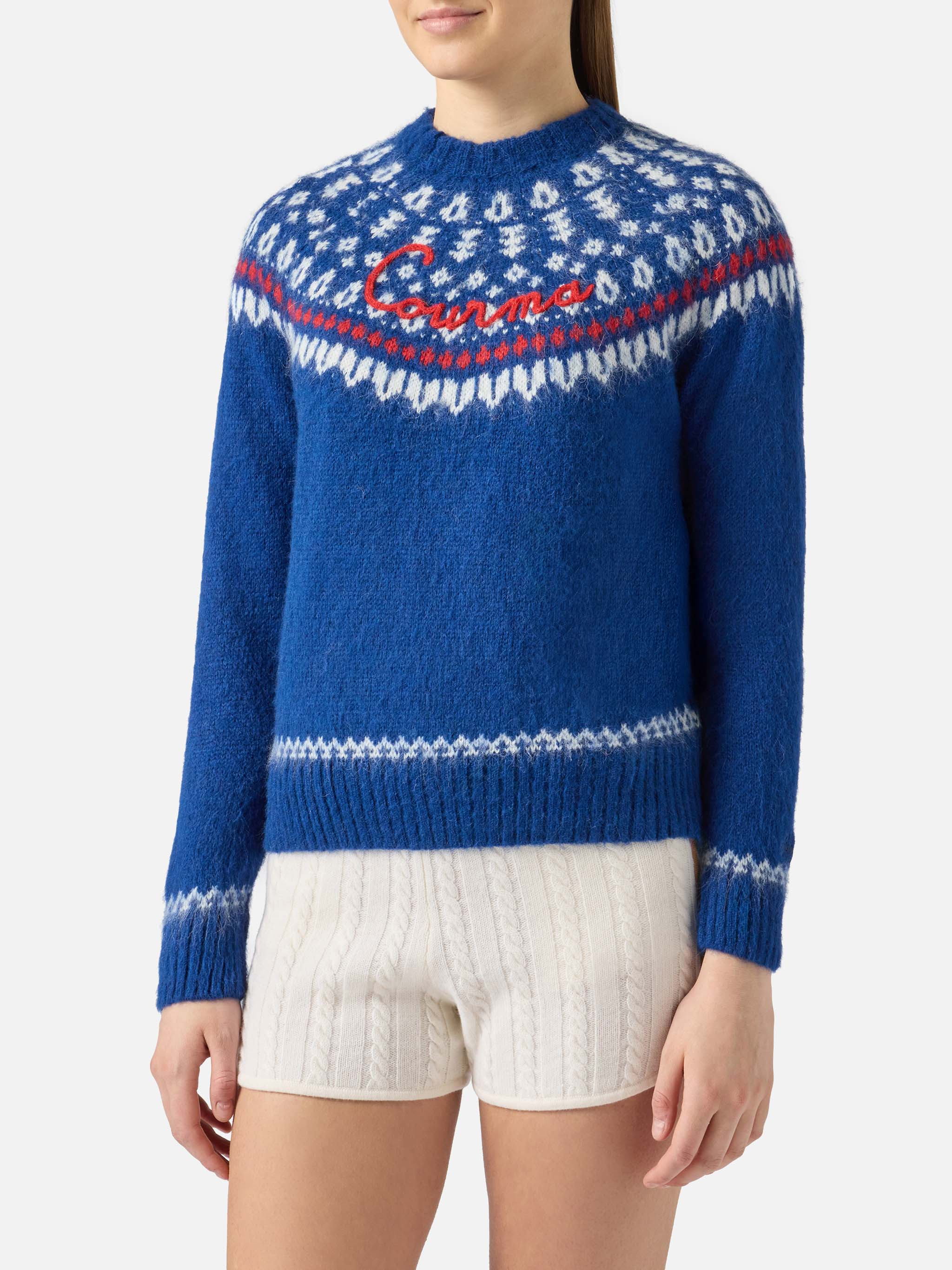 Woman navy blue crewneck nordic jacquard sweater