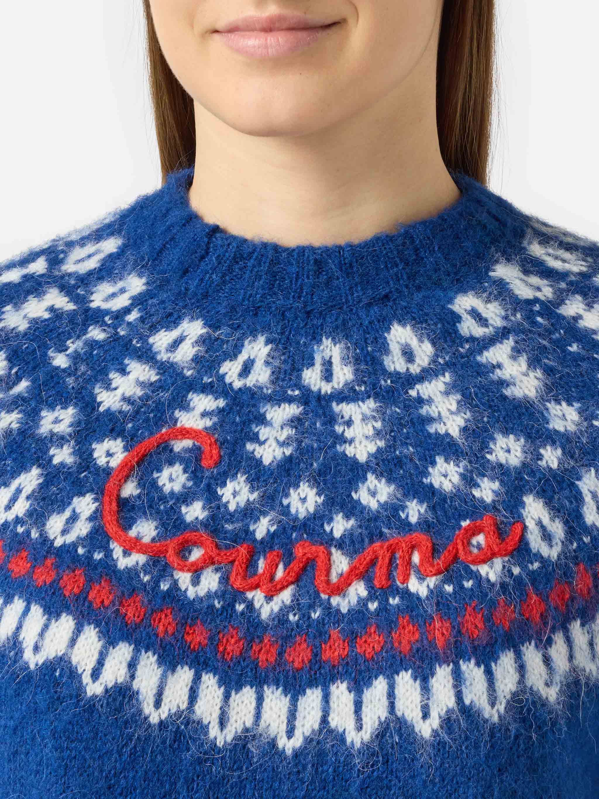 Woman navy blue crewneck nordic jacquard sweater - Image 2