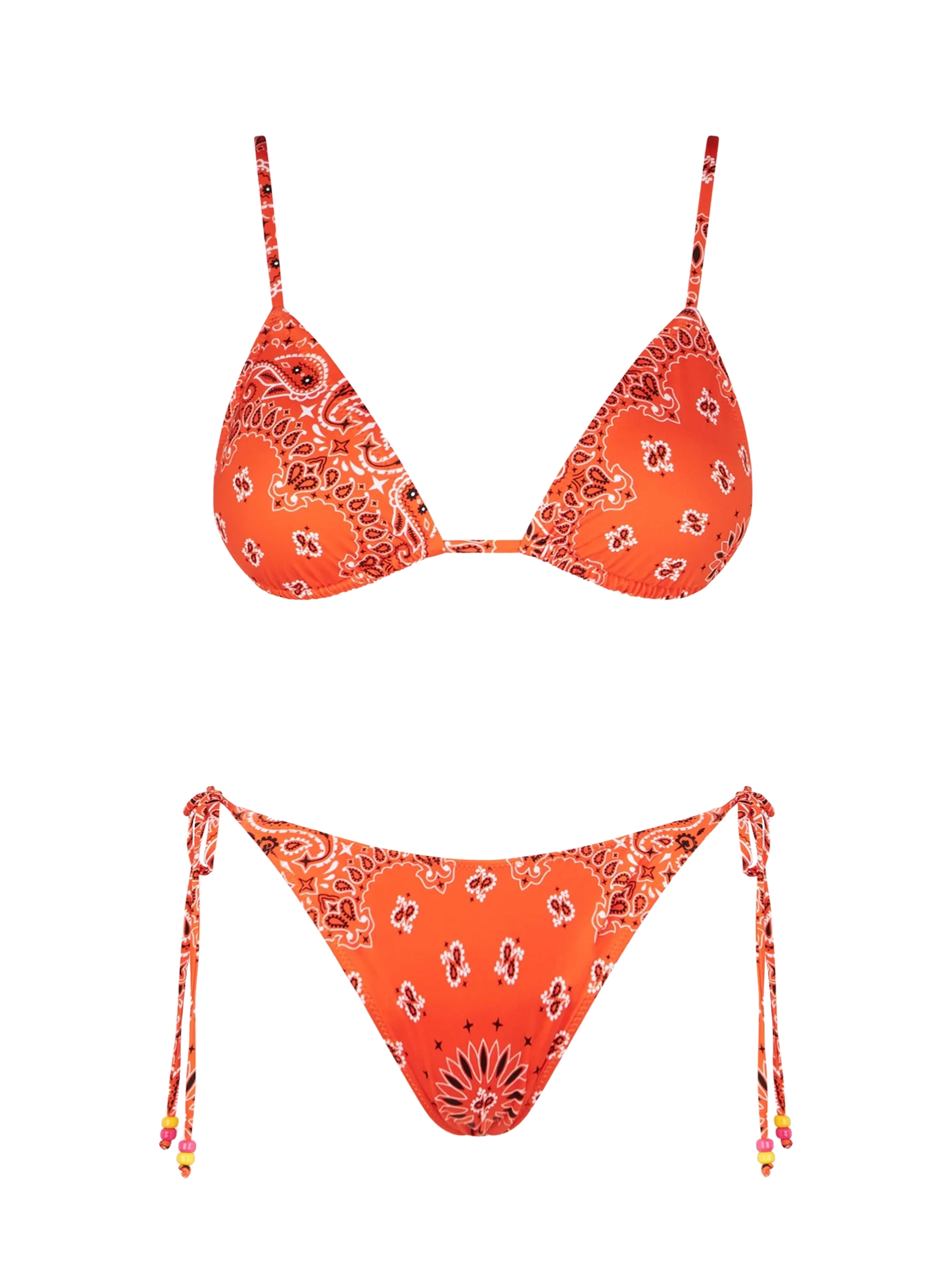 Woman orange triangle bikini with bandanna print