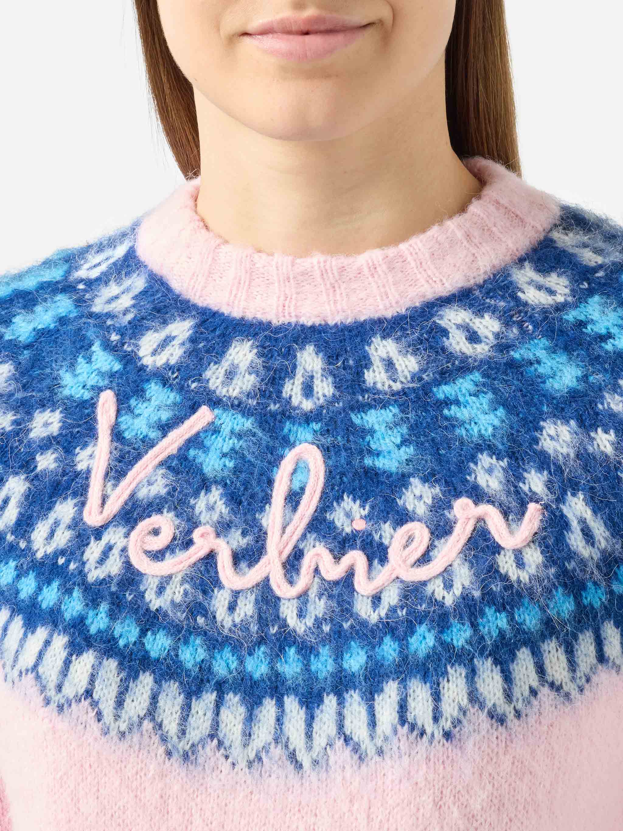 Woman pink crewneck nordic jacquard sweater - Image 2