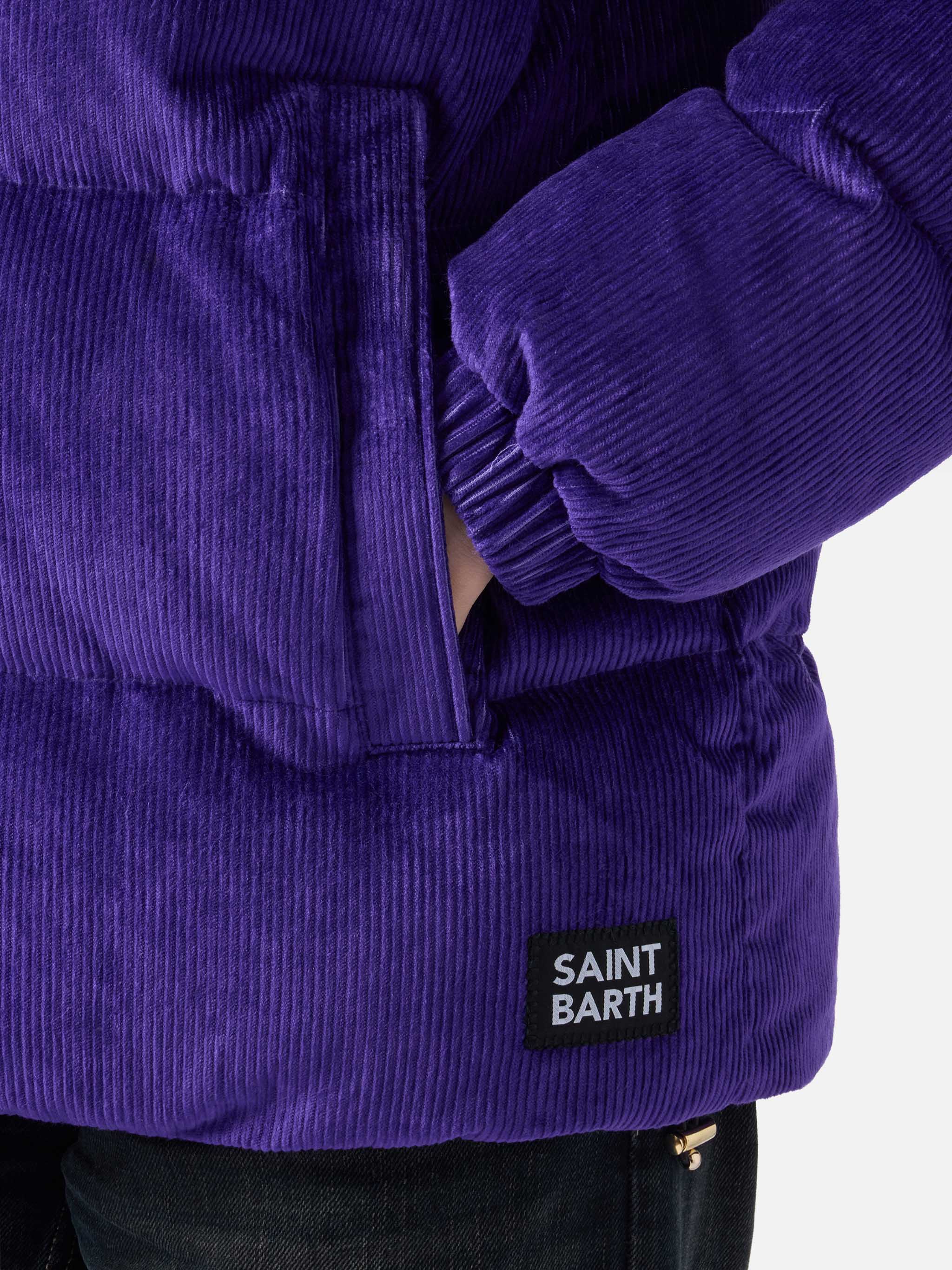 Woman purple corduroy down padded jacket with hoodie - Image 3