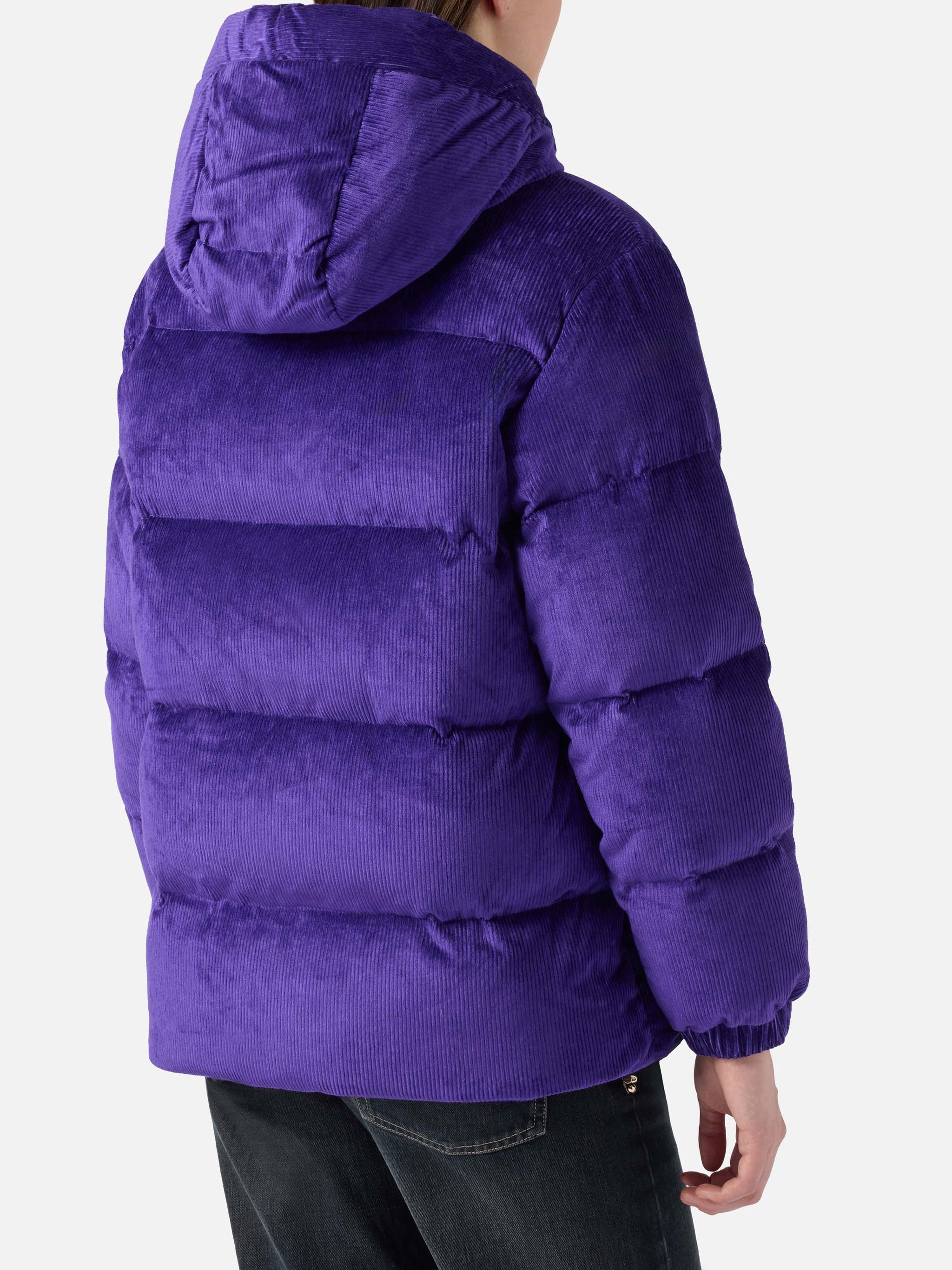 Woman purple corduroy down padded jacket with hoodie - Image 4