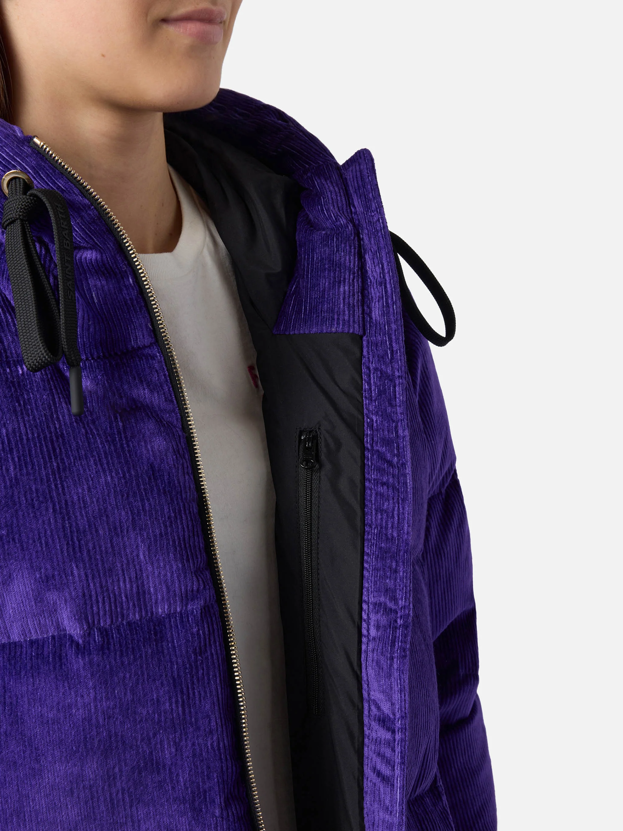 Woman purple corduroy down padded jacket with hoodie - Image 5