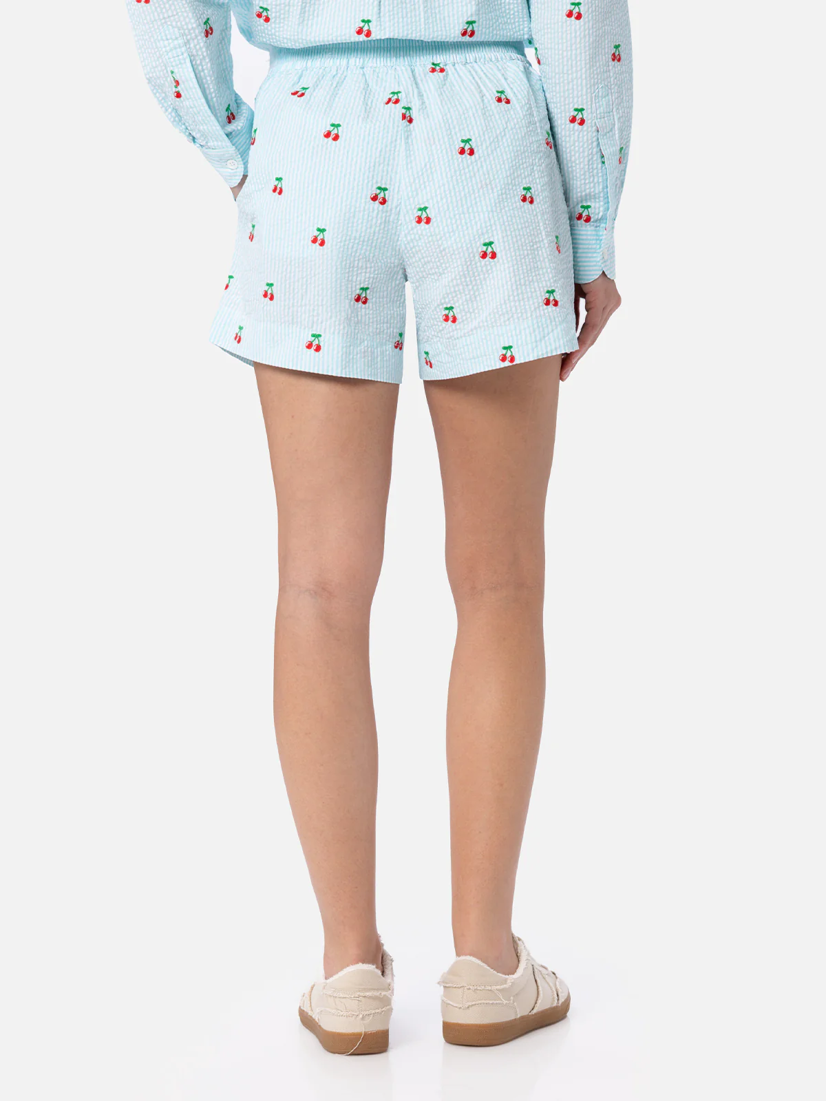 Woman seersucker striped pull up shorts Meave with cherry patches - Image 3