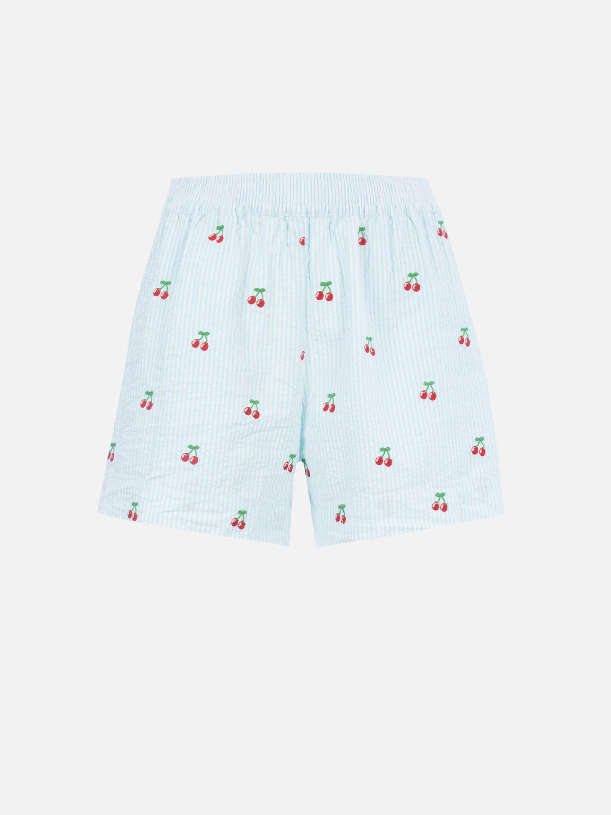 Woman seersucker striped pull up shorts Meave with cherry patches - Image 4