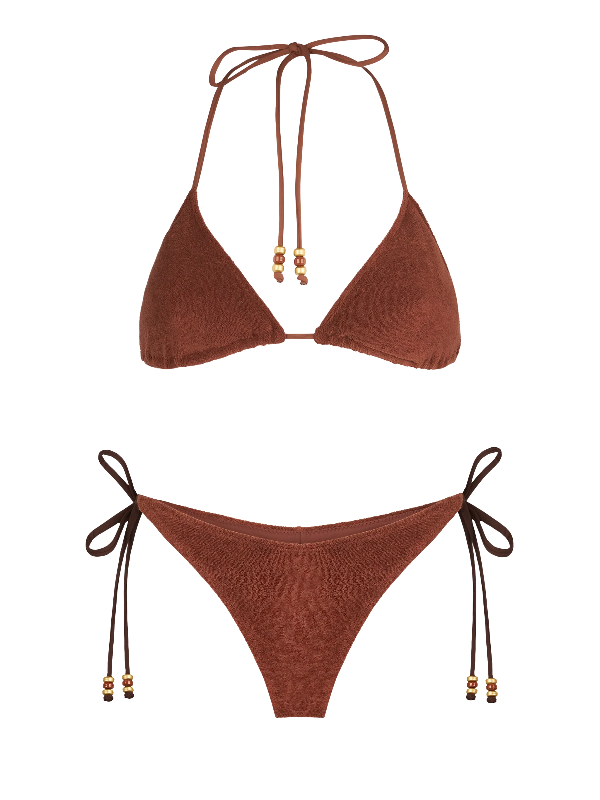 Woman brown terry triangle bikini