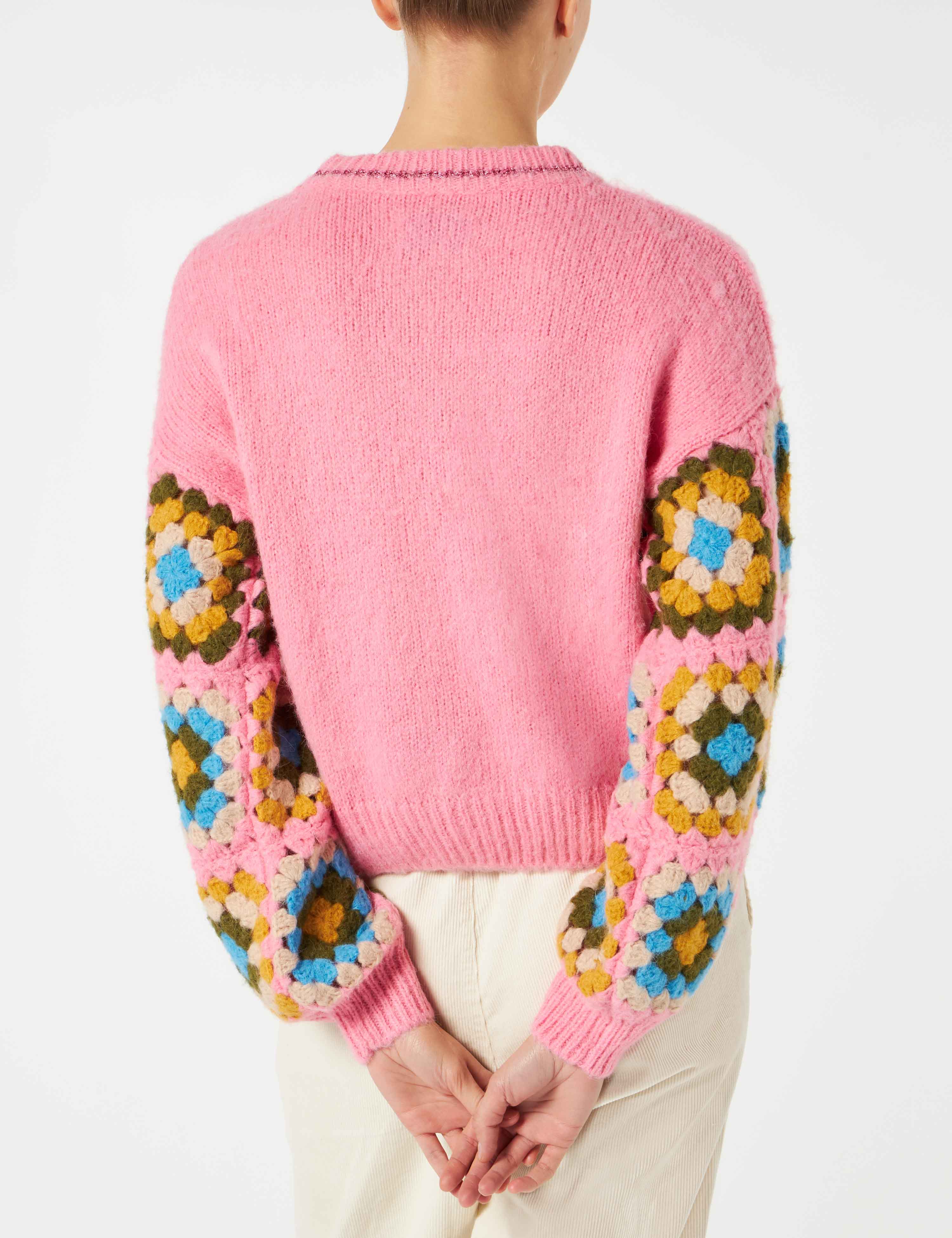 Woman ultra soft crewneck sweater with handmade crochet sleeves - Image 3