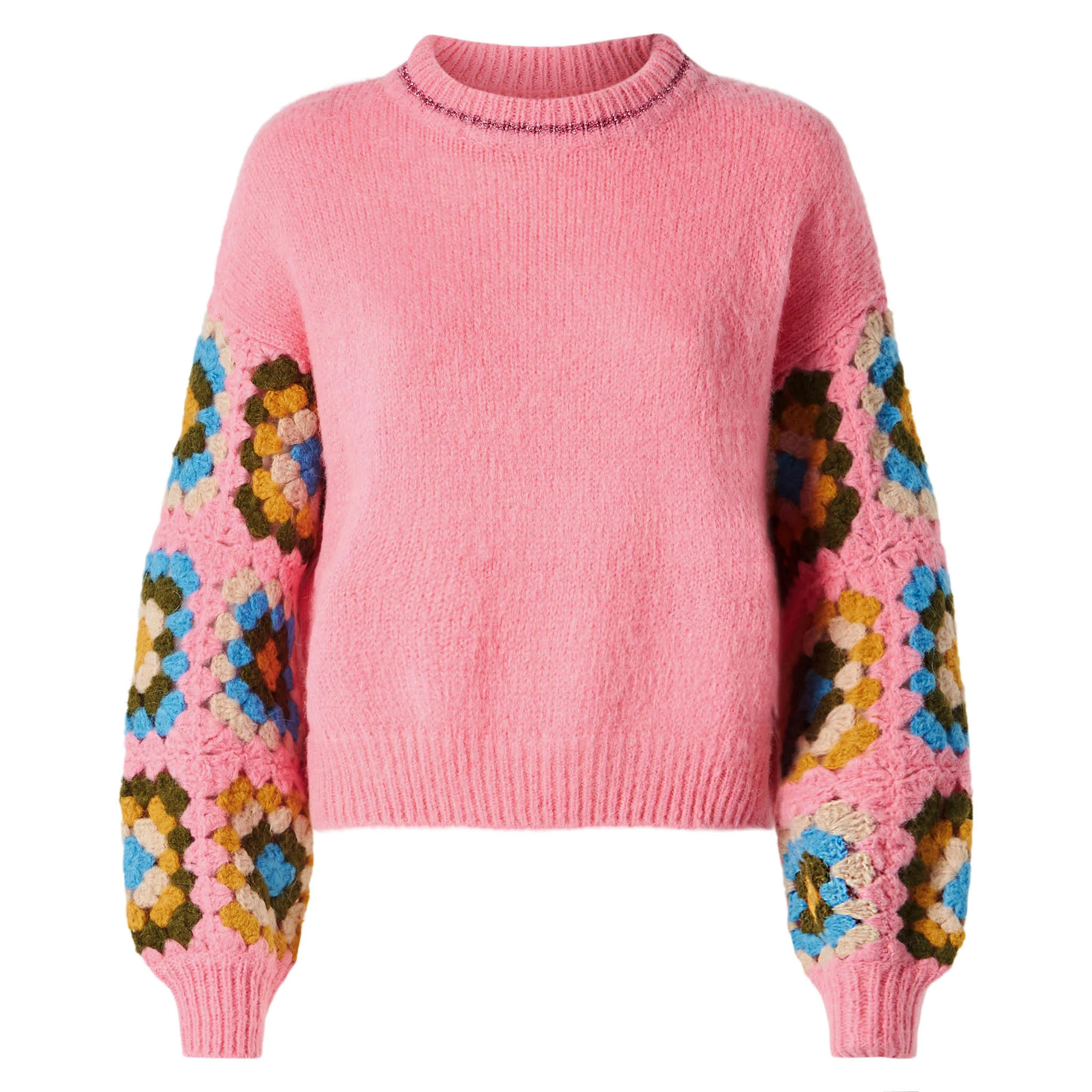 Woman ultra soft crewneck sweater with handmade crochet sleeves - Image 4