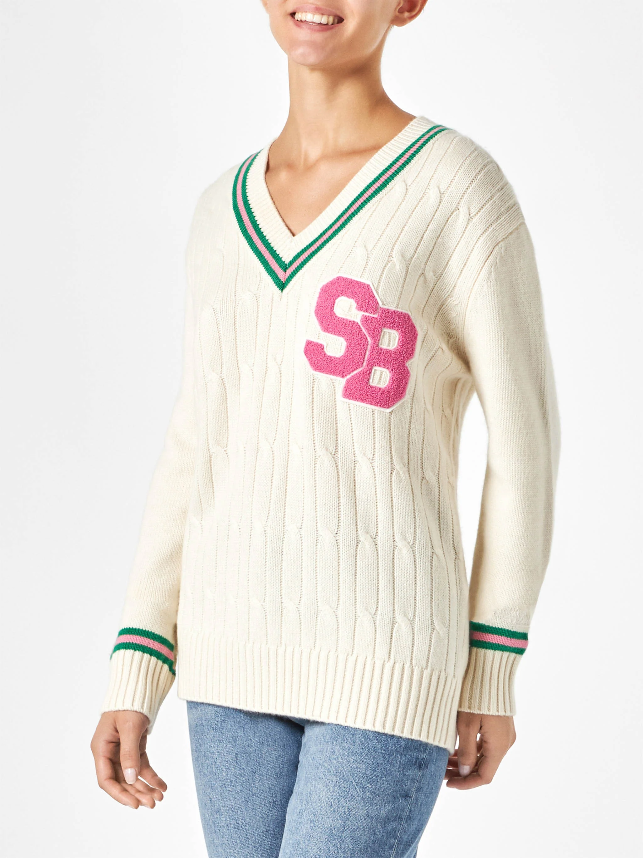 Woman v-neck braided sweater with patch - Image 3