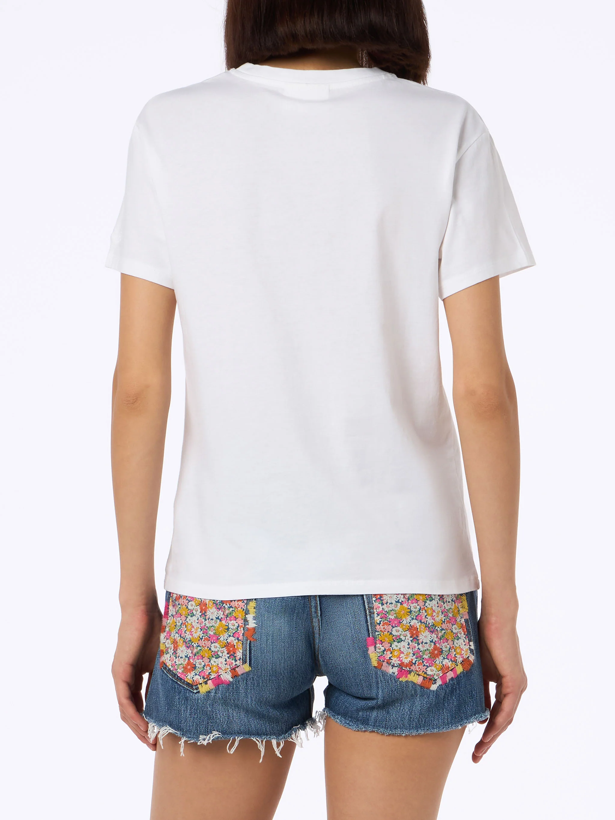Woman white cotton jersey crewneck t-shirt Emilie with Bollicine Queen embroidery - Image 4